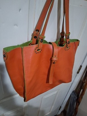 Sofia C Italian Leather Reversible Tote, Orange Green