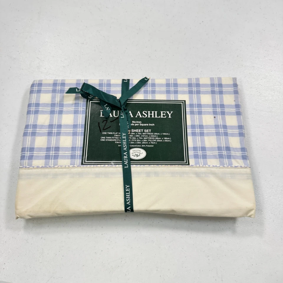 Sábana plana vintage Laura Ashley doble azul cuarteto sicómoro cuadros Foto 2 de 4