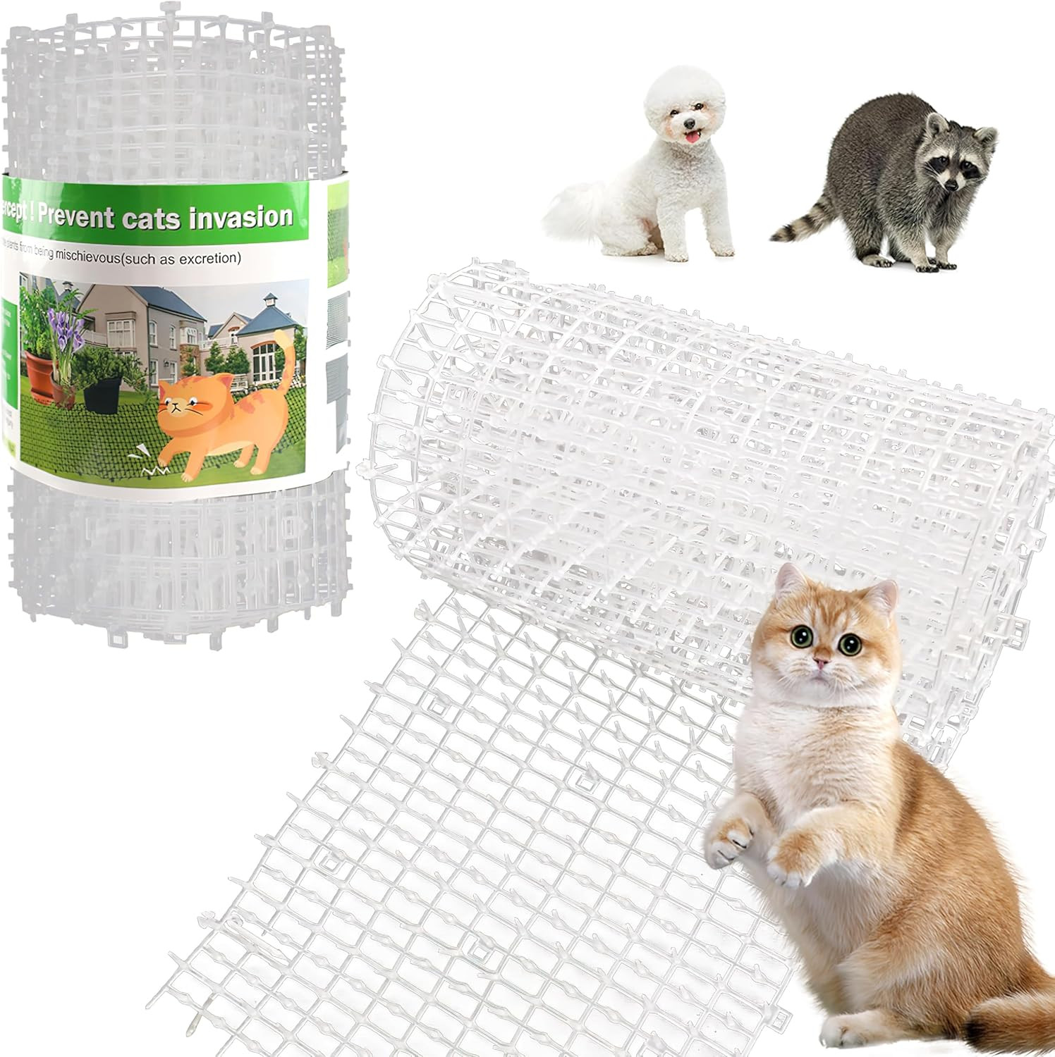 Rete Anti-Gatto Bianca 2 Metri | Kit Dissuasore con 8 Pioli di Fissaggio