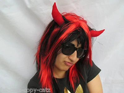 NEW LADIES FANCY DRESS RED & BLACK DEVILS HORNS VAMPIRE WIG HAIR PIECE UK SELLER