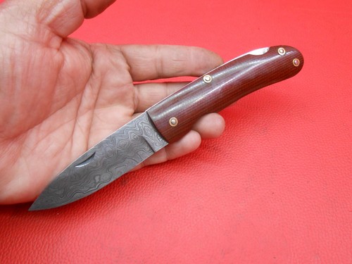 Random Damascus lock Back Folding knife Red Micarta Handle Leather Pouch WI04 - Picture 10 of 11