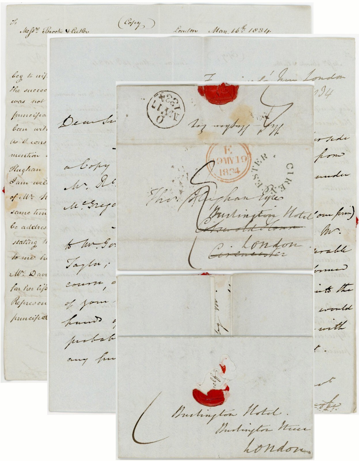 1834 LETTER BROOKE to HUGHAN CIRENCESTER HORSESHOE REDIRECT to BURLINGTON HOTEL