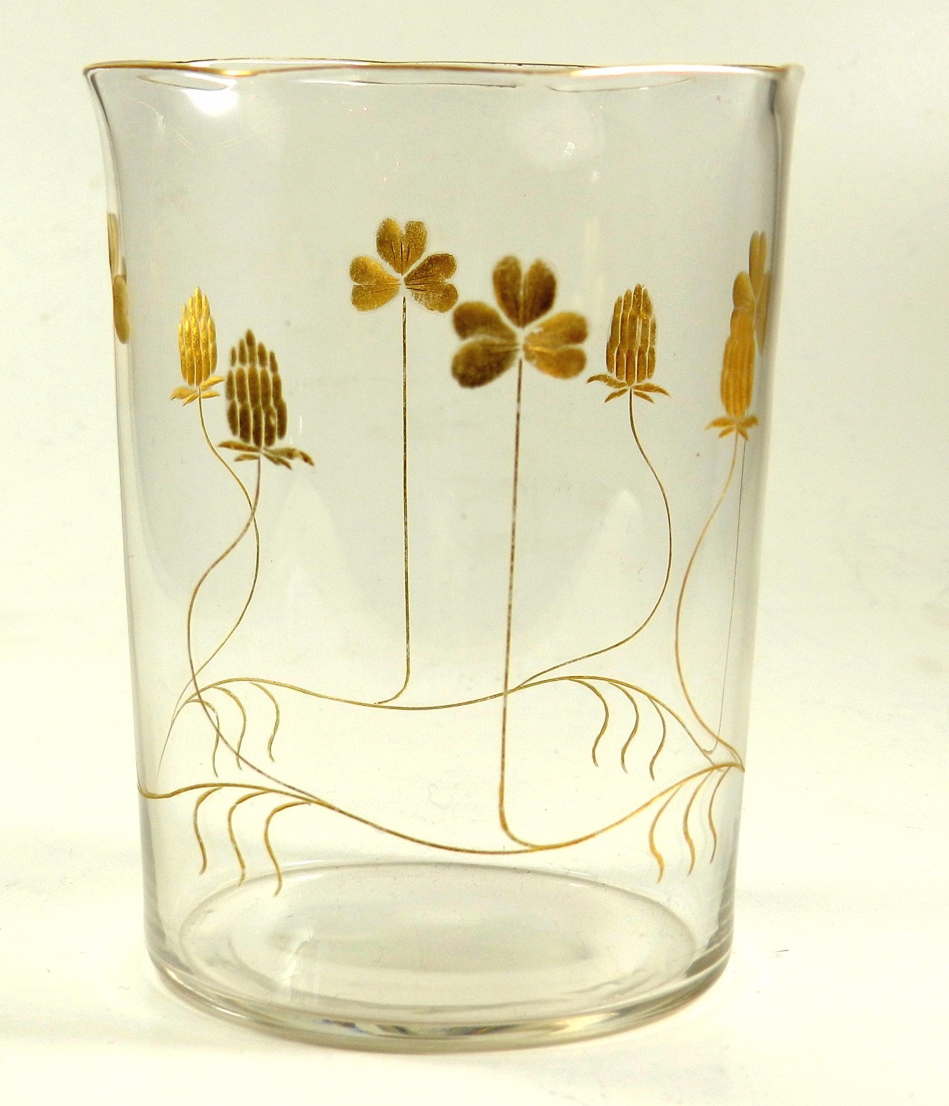 Details zu Jugendstil Becher Farbl. Glas: Kleeblatt u. -blüte. Schliff Gold bemalt Um 1920. Schnäppchen Popularität