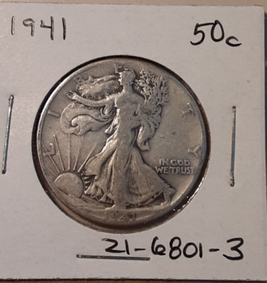 1941 Walking Liberty US 90% Half Dollar 50c Philadelphia Mint (#21-6801-3)