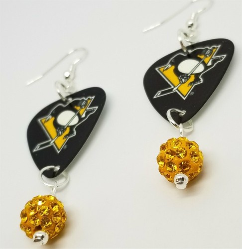NHL Pittsburgh Penguins Black Guitar Pick Earrings with Golden Pave Bead Dangles - Picture 3 of 3