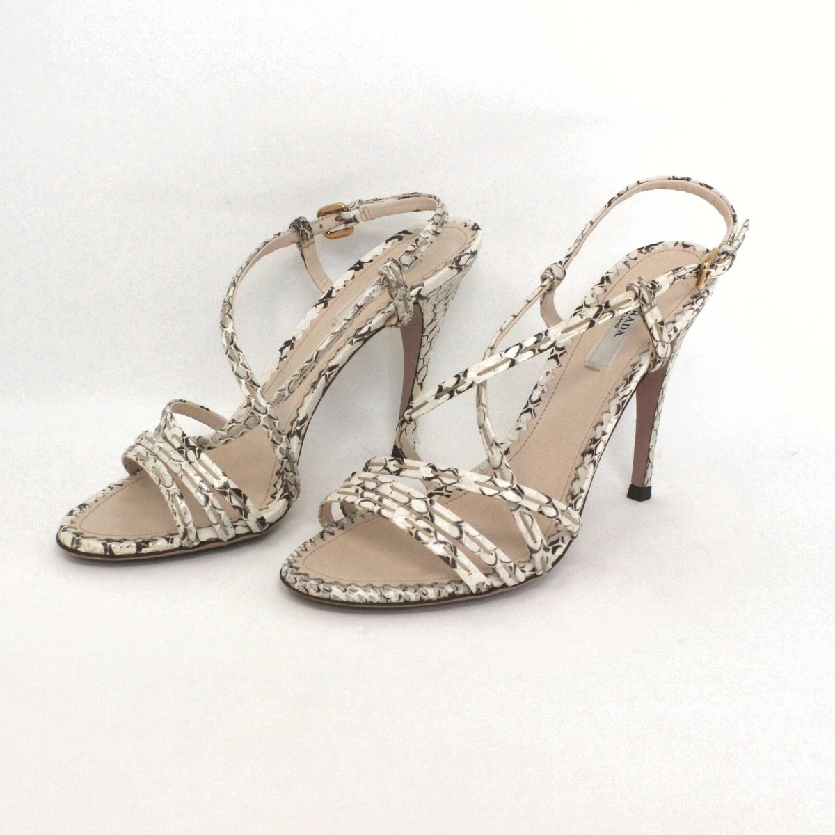 Prada 37 Snakeskin High Heel Sandal Ivory white Beige