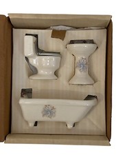 Dollhouse Miniature Ceramic Bathroom Sink Toilet Clawfoot Tub Blue Flower VTG