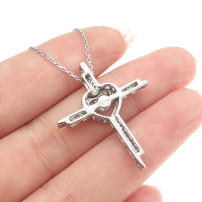 925 Sterling Silver Italy Round-Cut C Z Heart Cross Cable Chain