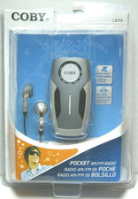 COBY CX73 POCKET AM FM RADIO - COMPLETE W/ EARBUDS - NECK STRAP - MANUAL - NICE