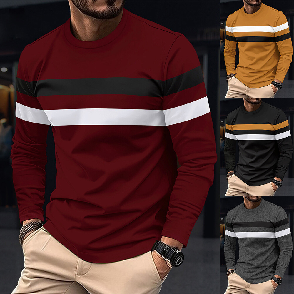 2024 New Mens Long Sleeve Colorblock T-Shirt Crew Round Neck 2024 New Mens Long Sleeve Colorblock T-Shirt Crew Round Neck