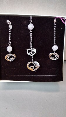 925 Silver Necklace with White Stone Pendants and Three Dimensional Hearts