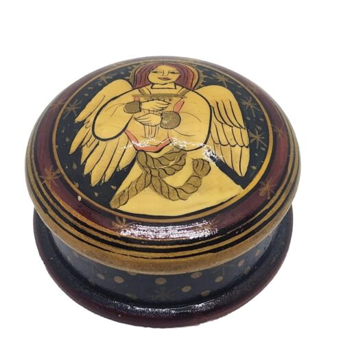 Trinket Box Angel Harp Lidded Wood Box Red Gold 3" Terry’s Village Turned Wood - Picture 1 of 6
