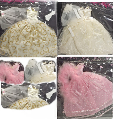 NEW! 3 Barbie Doll Size Barlina Cicy Pink Dress & White Ivory Wedding Bride Veil