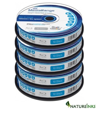 50 Mediarange Blu Ray 6x Inkjet Printable Blank Discs BDR BD-R 25GB MR500 HTL
