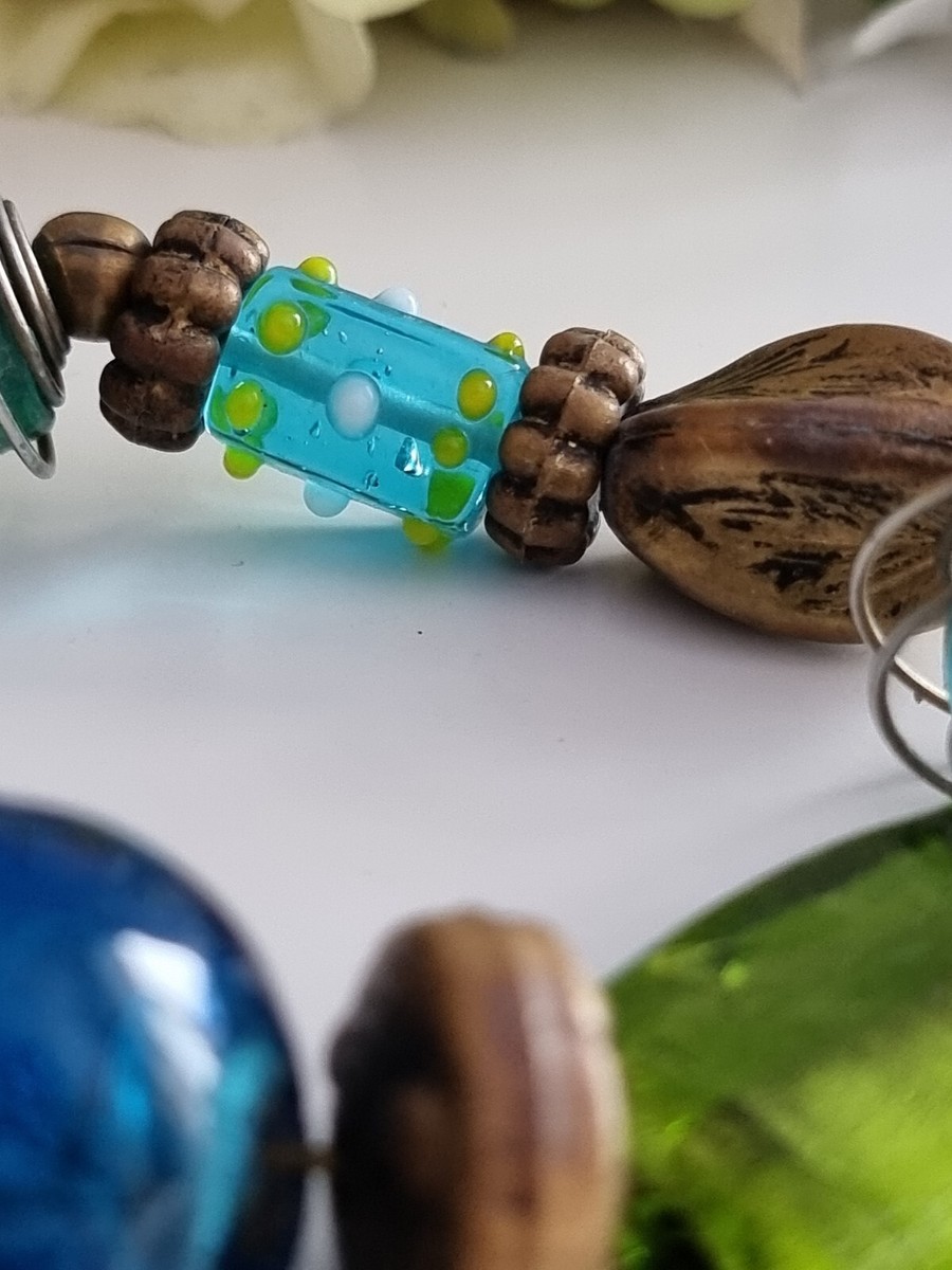 Bracelet Perles De Verre Bleu Vert Extensible - Superbe Pièce Unique D'Occasion