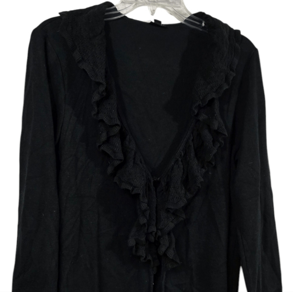 Rafaella Ruffled Solid Black Pointelle Cardigan S… - image 13