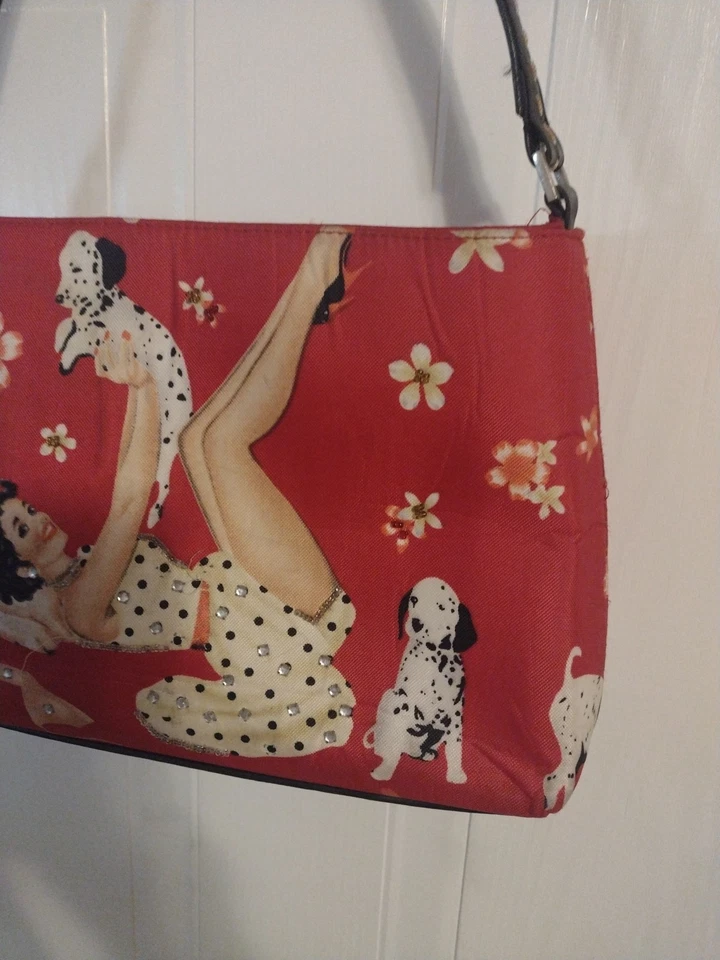 Cartera de Colección Años 60 Pin-up Fiesta Niña Perros Dálmatas Piedras de Anillo Bolso de Mano Cartera de Tela Foto 3 de 4