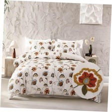 Crewel Embroidery Cotton Slub Duvet Cover  Pillow Shams Queen U.S. Standard 