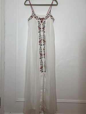 White Boho Lauren Conrad Maxi Dress Women's S Chiffon Embroidered Cottage Fairy