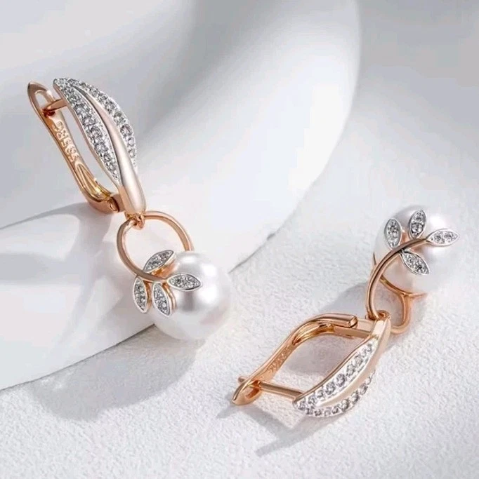 Damen Elegante Ohrringe Ohrhänger 585er Rolled Roségold Walzgold Kunstperlen CZ - Bild 4 von 4