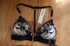 Bordelle Cubism Soft Triangle Bra + Thong Black Blue geometric 24k L Large NWT