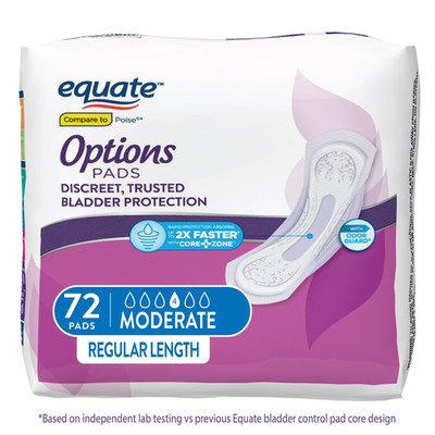 Equate Options Women's Moderate-Regular Incontinence Pads, 72 Count