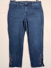 Chico's Perfect Stretch Girlfriend Slim Embroid Floral Jean Dark Blue 2 34x26
