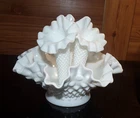 Vintage Small Fenton Milk Glass Hobnail Ruffled Epergne Three Horn Trumpet Vase