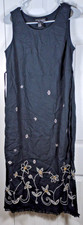 Requirements Linen Blend Midi Dress M Petite Black Floral Embroidered Fringe Hem