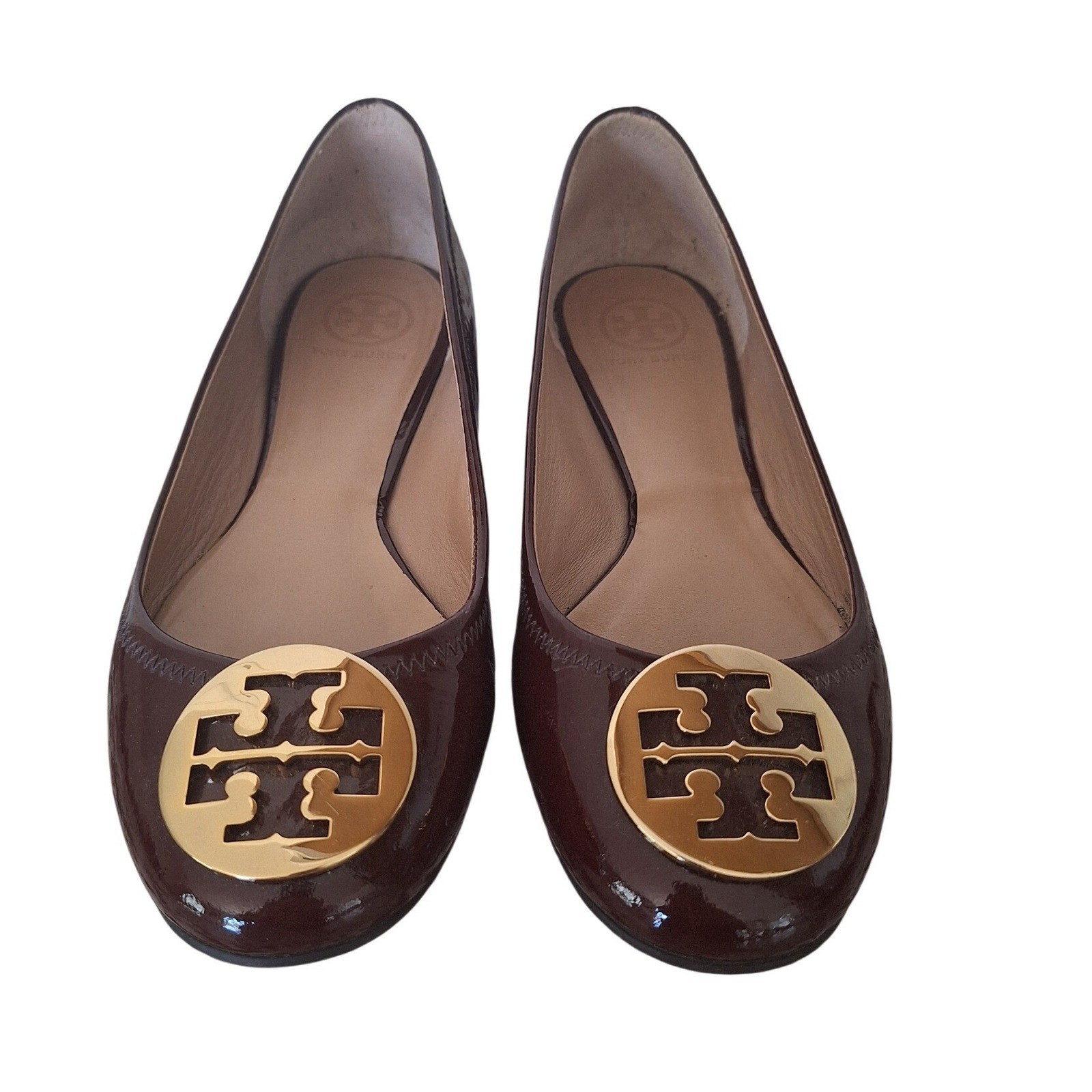 Tory Burch 10 M Minnie Travel Ballet Flats Patent Leather Logo Berry