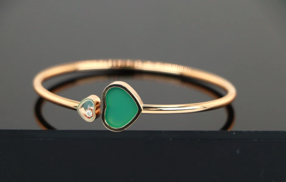 Brazalete Brazalete Chopard Oro Rosa 18k Corazones Felices Ágata Verde Diamante Flotante Foto 4 de 4