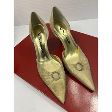 Nina Rhinestone D'Orsay Heels 7M Gold Champagne Satin Formal Glam Wedding Retro