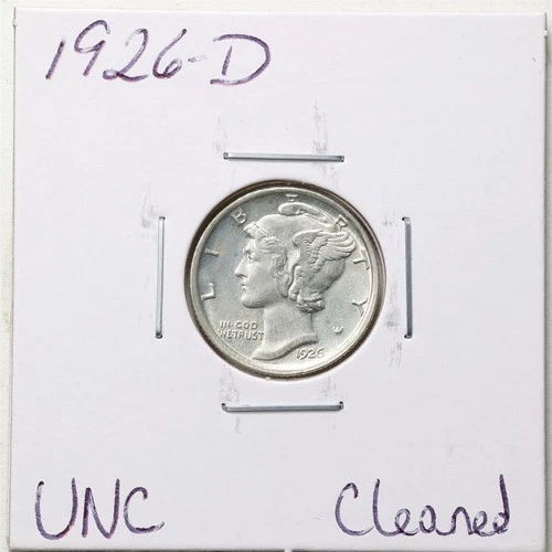 1926-D 10C Mercury Winged Liberty Silver Dime with UNC Detail Cleaned #6252