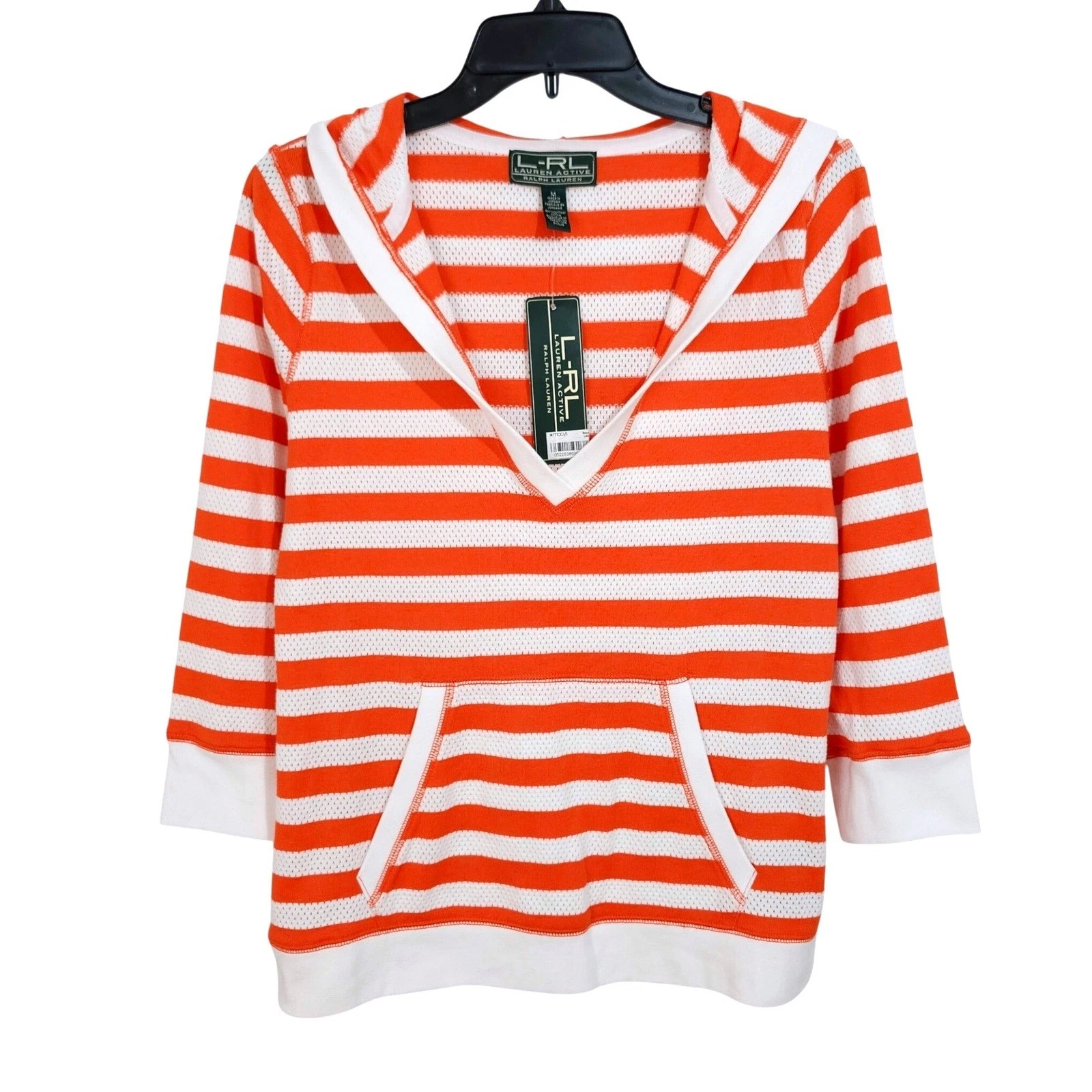 NEW Lauren Active Ralph Lauren Mesh Hooded V-Neck Top Medium 3/4 Sleeves Striped
