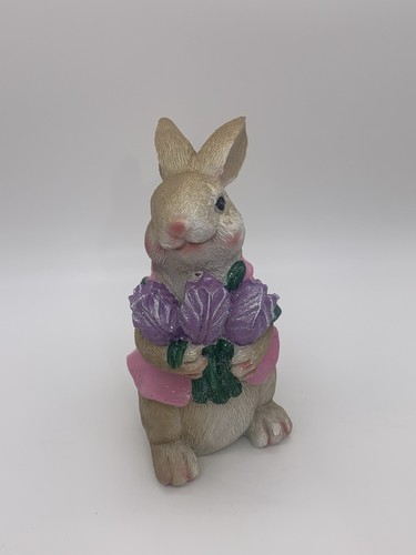 Glitzernder rosa Osterhase 8 Zoll Statue mit Blumenstrauß lila Blumen - Bild 3 von 9