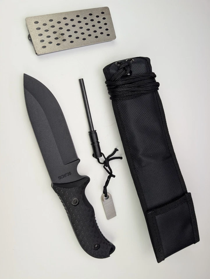 Cuchillo negro hoja fija Schrade Frontier + arrancador de fuego, afilador, funda Foto 4 de 4