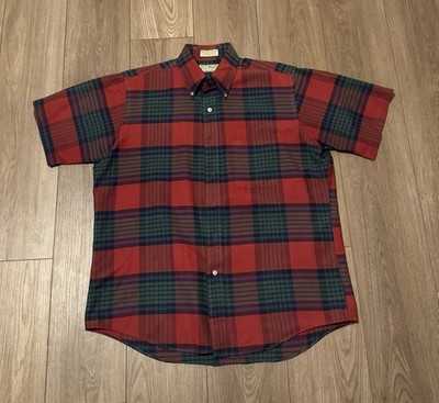 Men s LLbean Short Sleeve Shirt Plaid Button Up Made in USA Size 16 1/2 (large)