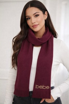 Bebe Knit Logo Scarf One Size Magenta Purple Gold Studded Rhinestone Accents