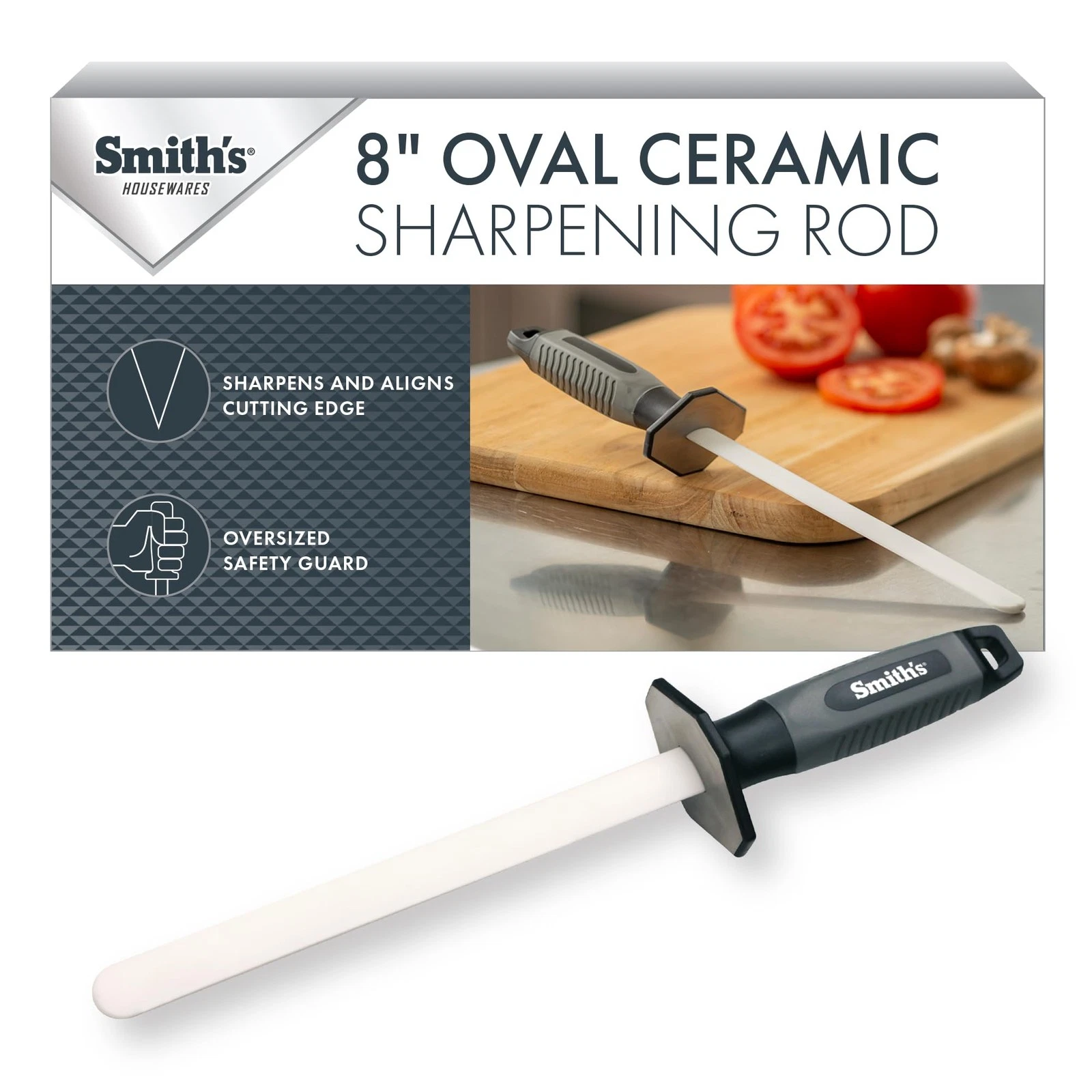 Smith’s 51205 8 Inch Oval Ceramic Sharpening Rod – Soft Rubber Handle – 2-Sta...