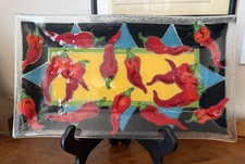 Vintage Peggy Karr Signed Fused Art Glass Rectangular Plate Tray Chili Peppers
