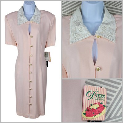 NEW Suit Sheath Dress 14-16 Buisness Career Lace Collar Light Pink Vintage 80s
