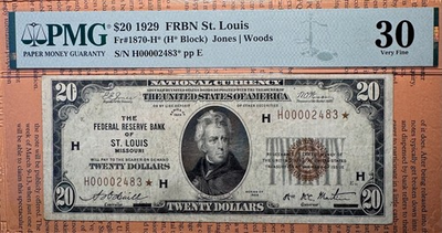 #ad 1929 20$ St Louis 🌟 Star Note Low Serial Number PMG 30 $1399.00