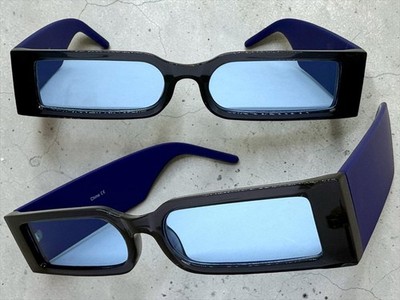 Futuristic Modern Club Raver Party SUNGLASSES Thick Thin Rectangular Blue Frame