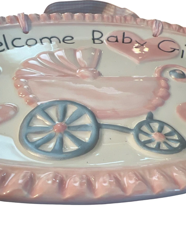 Placa de cerámica Mud Pie bienvenida bebé niña cinta de guinga rosa personalizada nueva sin etiquetas Foto 2 de 4