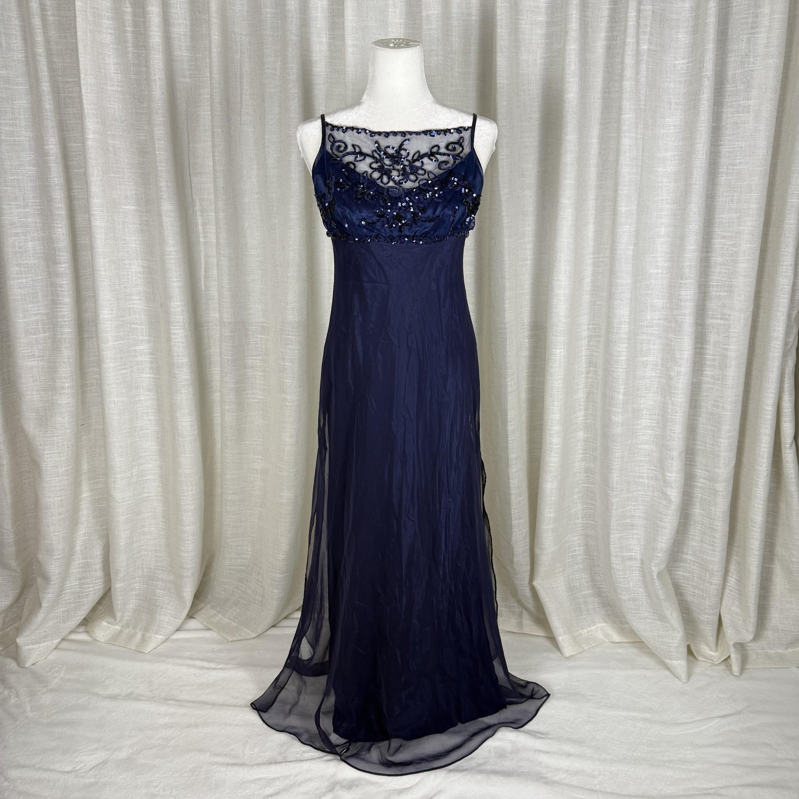 Steppin Out Dress Womens Small Blue Sequin Mesh Illusion Backless Gown Formal