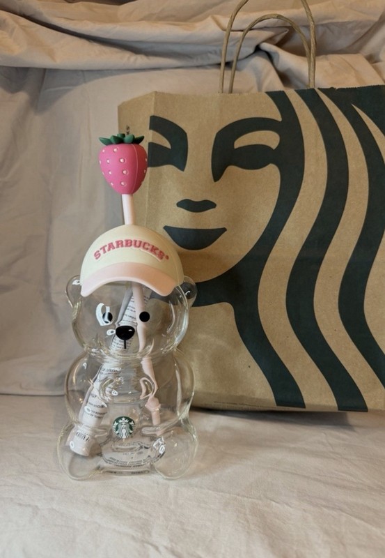 Starbucks Bearista Bear Clear Glass Cup 10 oz Figural Bear w/ Straw Lid Topper