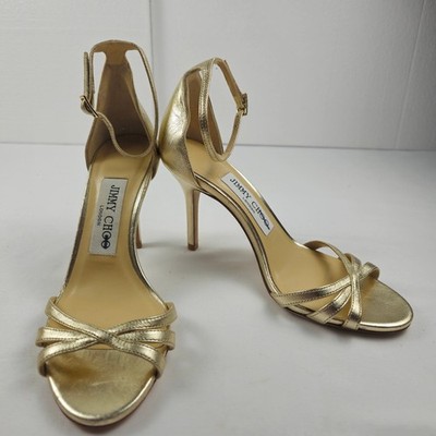 Jimmy Choo Gold Leather Strappy Ankle Strap Stiletto Heels Sandals EU34.5 US4.5