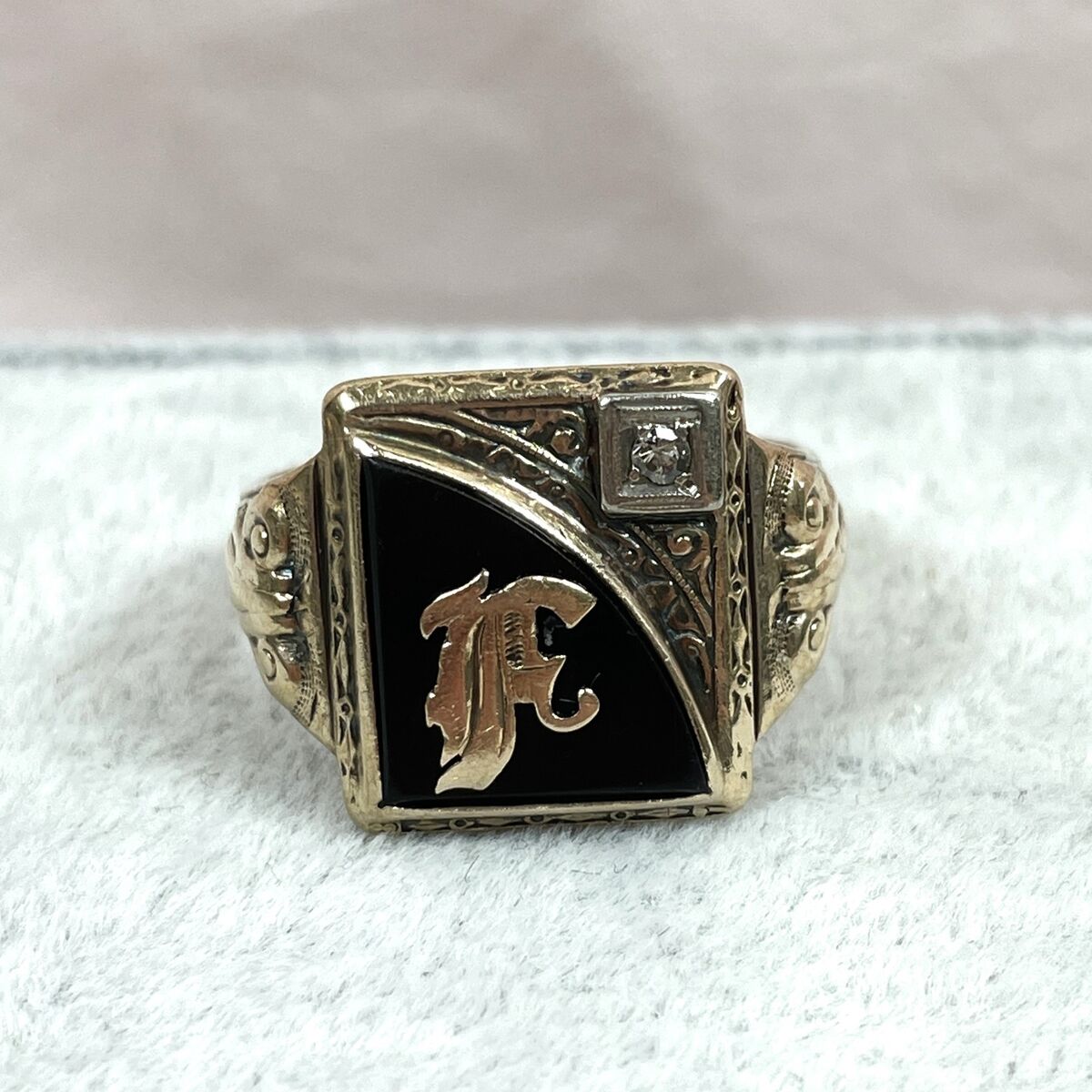 10K Onyx Initial F Ring with Diamond, Signet, Yellow Gold 10K Onyx Initial F Ring with Diamond, Signet, Yellow Gold