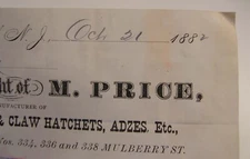 ANTIQUE 1882 BILLHEAD M PRICE STEEL EDGE TOOLS AXES HATCHETS ADZES NEWARK NJ