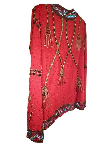 Vintage Laurence Kazar Heavy BEADED SILK Jacket Size L Red FORMAL Tassel Blazer - Picture 12 of 17
